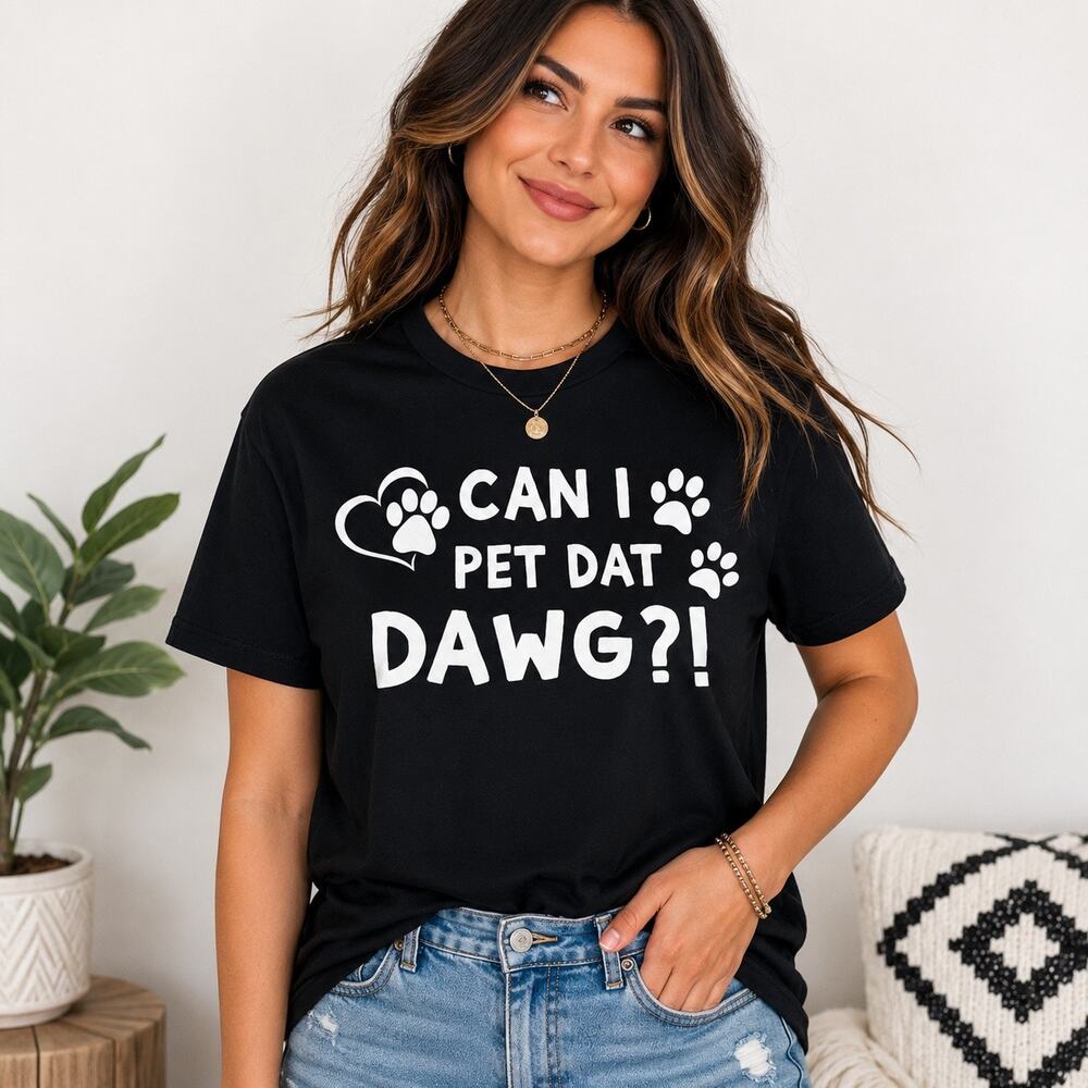 Can I Pet Dat Dawg Funny Dog Lover Graphic Tee Black Short Sleeve Tee Sz L NWOT